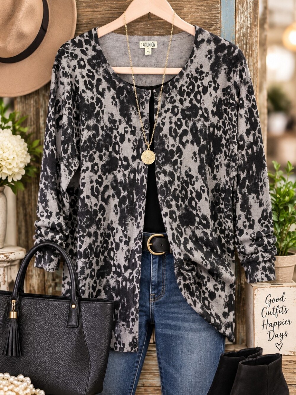 14th & Union XL Gray Black Leopard Print Button Front Cardigan Sweater